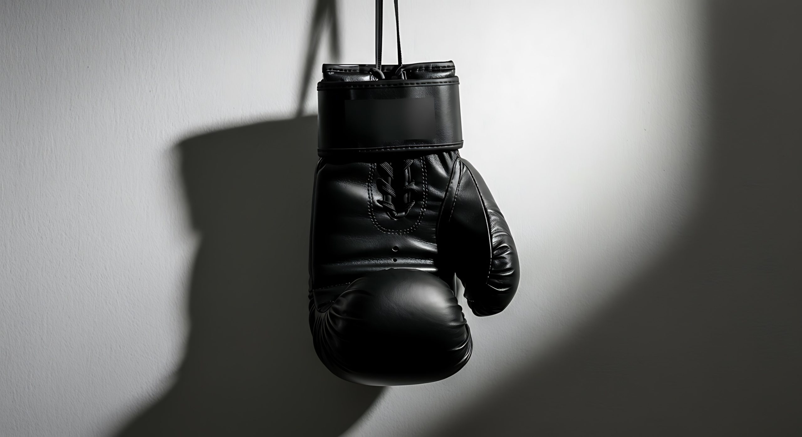 Downloaded boxing glove matte black hanging on a white wall dramatic side lighting high contrast